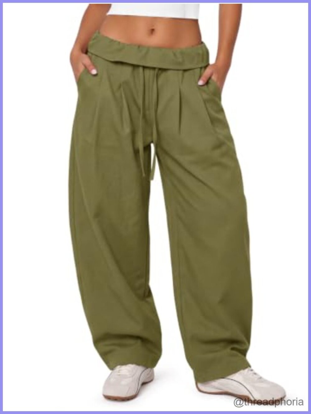 Wide Leg Balloon Pants Drawstring Hem Fold Over Waist Pockets
